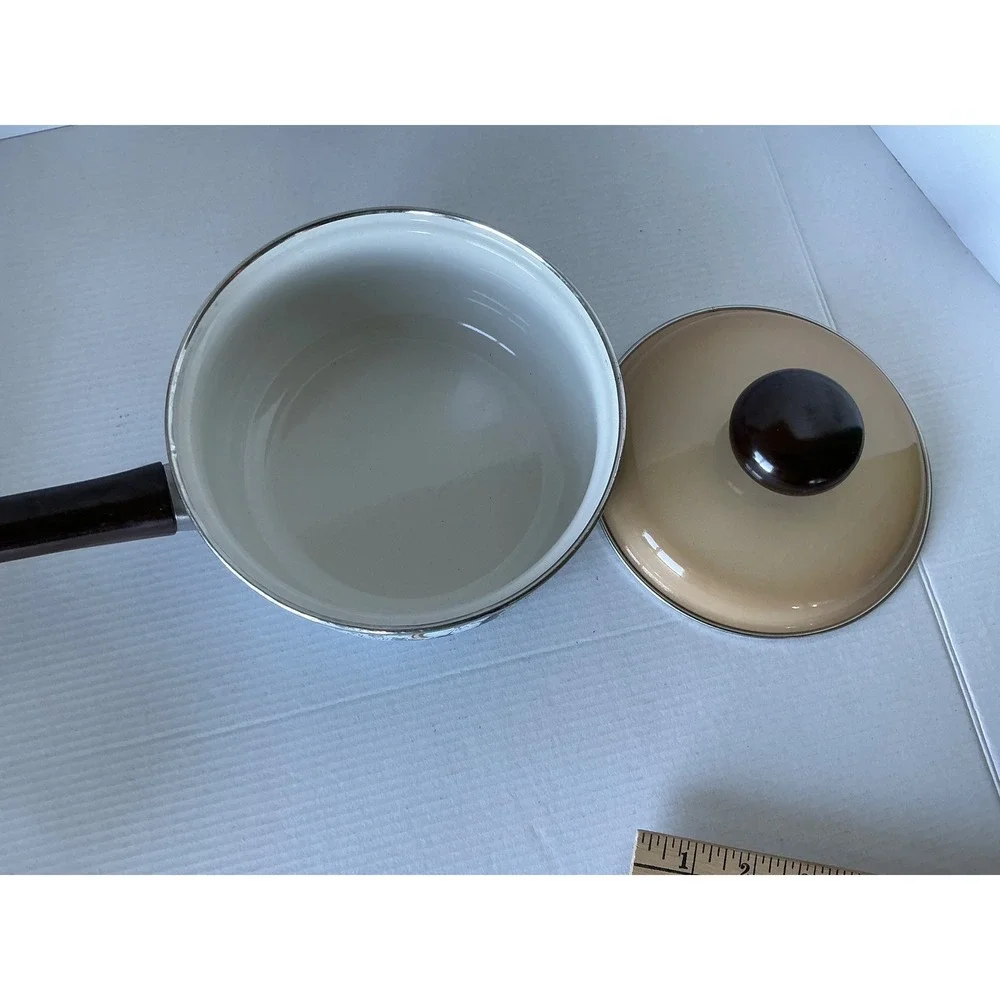 Vintage Enamelware Saucepan Floral‎ Pot with Lid Blue Brown White 1.5qt